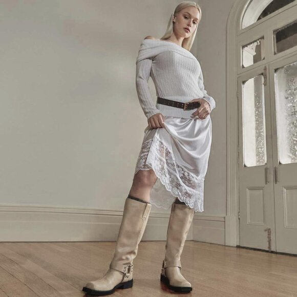 Women's Polyurethane Beige Squared Toe Knee High Tall Riding Motorcycle Boots - Picture 6 of 7